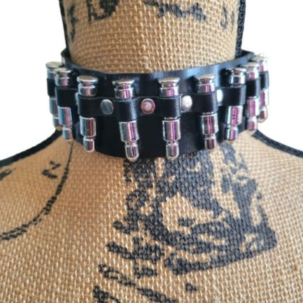Thick black bullet studded choker collar necklace